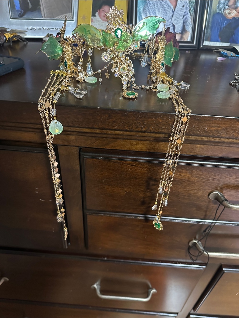 Delicate Green Fairy Leaf Crown Headpiece with Crystal Drops - Picture 9 of 9